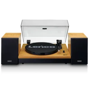 Lenco turntable with wooden plinth, black platter, and two wooden speaker cabinets beneath a clear dust cover