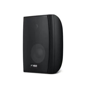 HiVi black curved bookshelf speaker with front mesh grille.