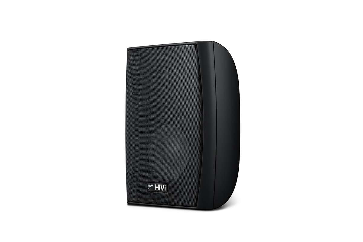 Swan Hivi Va6-Os Hivi black curved bookshelf speaker with front mesh grille.