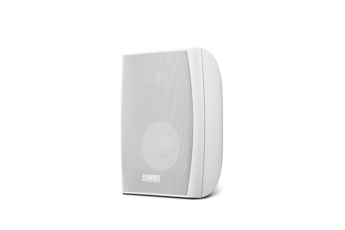 Swan Hivi Va6-Os Hivi white bookshelf speaker with perforated front grille and rounded cabinet.