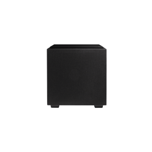 Black fabric-covered subwoofer with cube-shaped cabinet and small feet