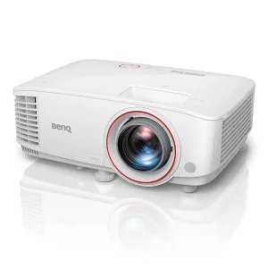 BenQ projector with prominent front lens and red ring on white body.