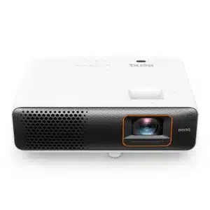BenQ entertainment gaming projector with a white body, black perforated vent front, and orange-trim lens.