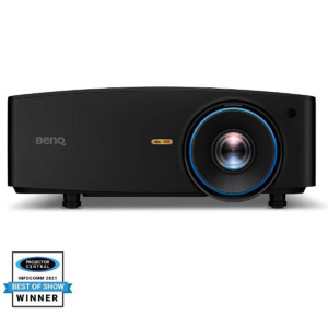 BenQ 4K HDR projector with large front lens and blue ring in black housing.