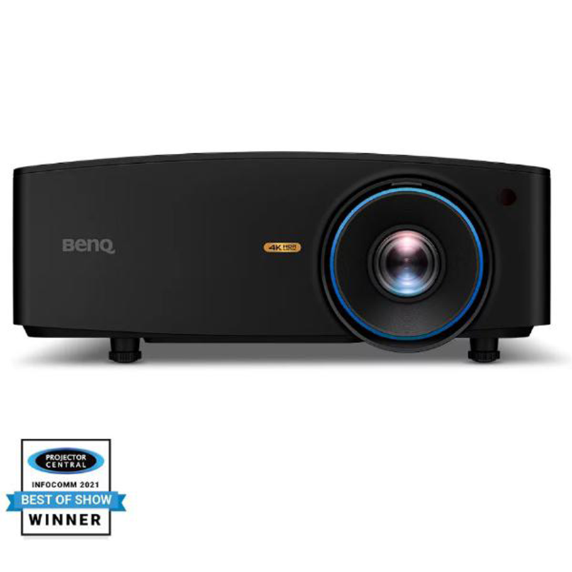 Benq Lk936St Dlp Laser Projector Benq 4k hdr projector with large front lens and blue ring in black housing.