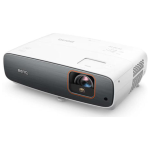 BenQ 4K projector with white body and front lens bordered in orange.