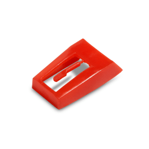 Red plastic strap buckle with a rectangular central opening and sliding inner tab.