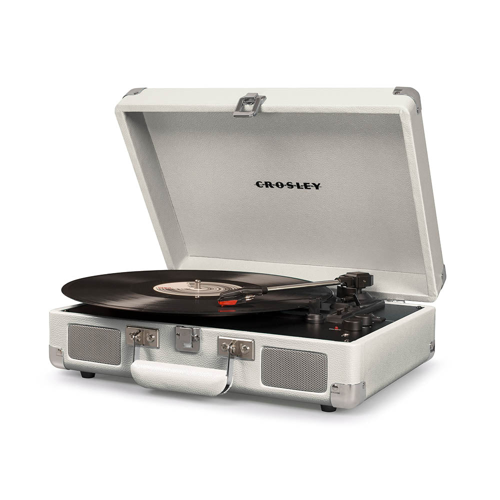 Crosley Cruiser White Sands - Bluetooth Portable Turntable Crosley portable record player in a white suitcase-style case with lid open, spinning vinyl.