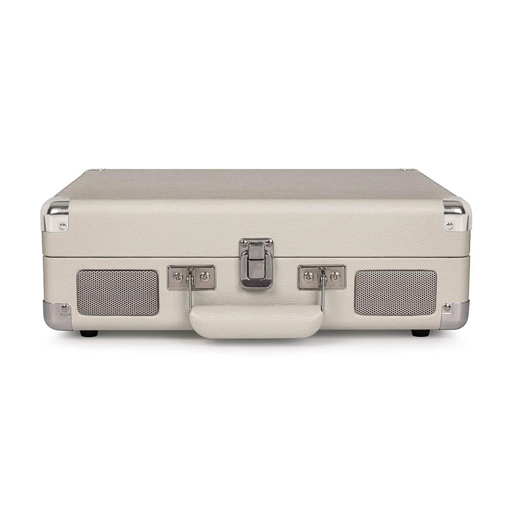 Crosley Cruiser White Sands - Bluetooth Portable Turntable Beige hard-shell travel suitcase with chrome hardware, central latch, and mesh ventilation panels on the sides.