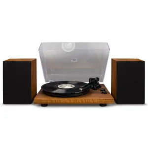Turntable with wooden plinth, clear dust cover, vinyl record on platter, flanked by two black speakers.