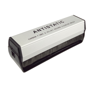Antistatic carbon fibre velvet cleaning brush with a silver aluminium body and black end caps.