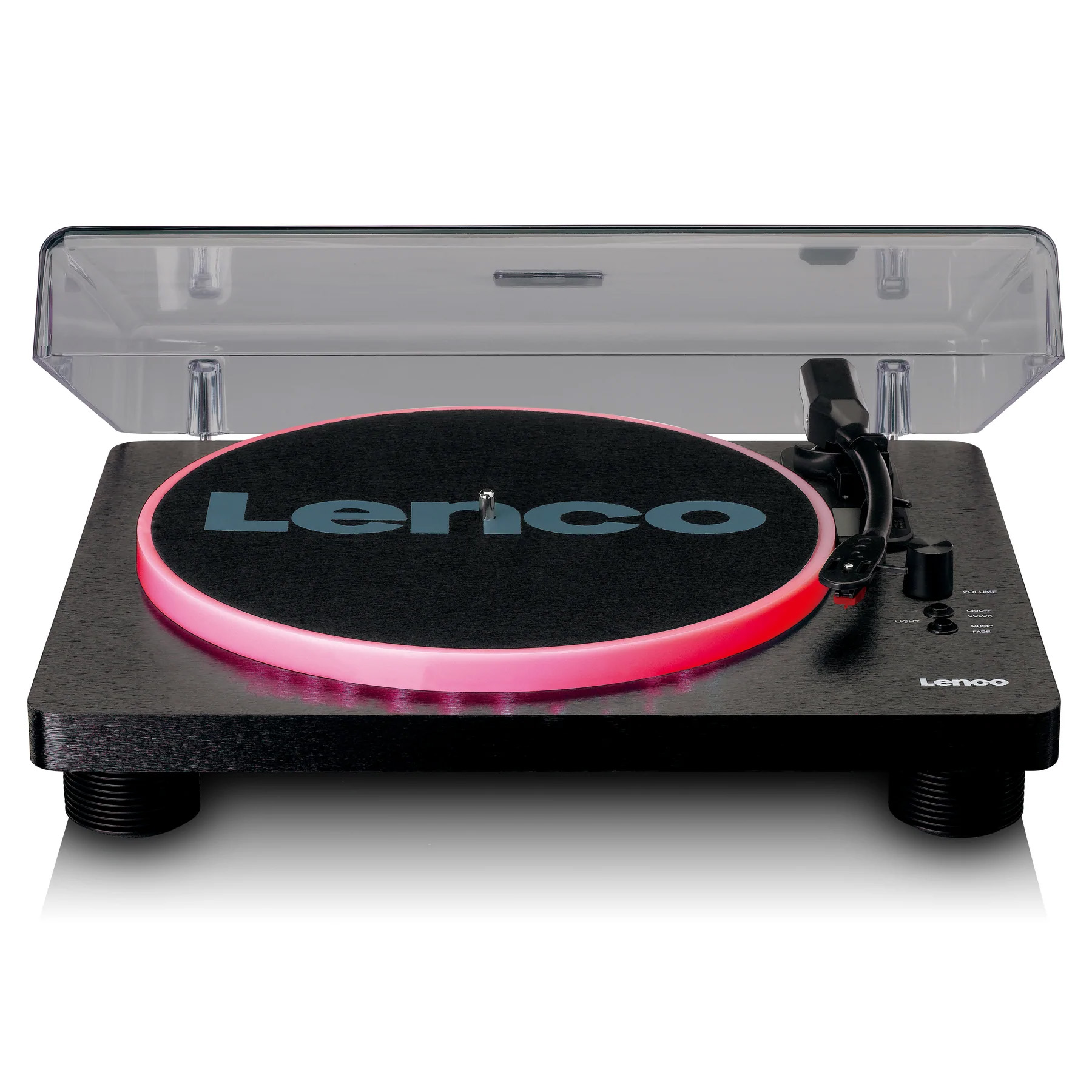 Lenco turntable with black plinth, pink platter ring, tonearm on the right, and clear dust cover.