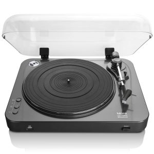 Lenco LBT-120BK Bluetooth turntable with clear hinged dust cover, black platter, tonearm and USB port