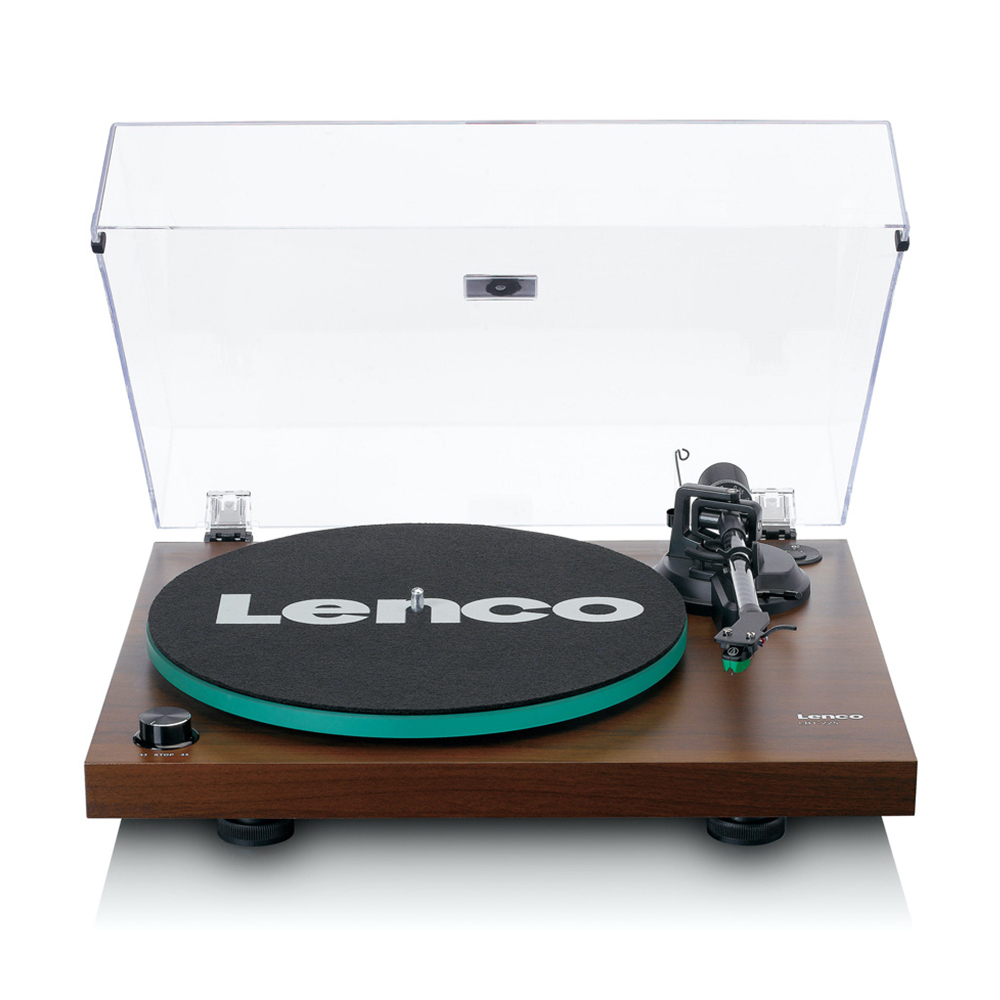 Lenco turntable with wooden plinth, transparent lid, black slipmat, turquoise edge, manual tonearm and cartridge.