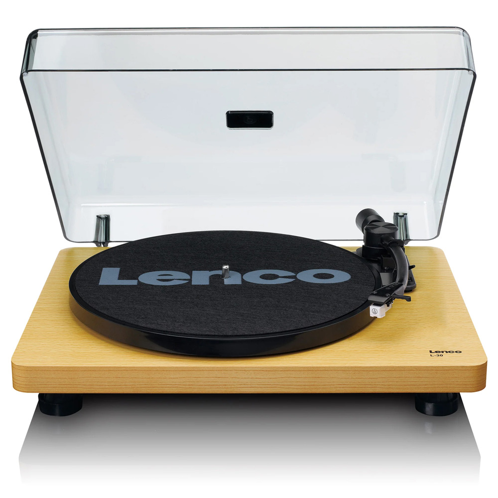 Lenco Turntable With Mmc Cartridge - Wood Lenco l-30 turntable with wooden base, black platter mat marked lenco, tonearm and clear dust cover.