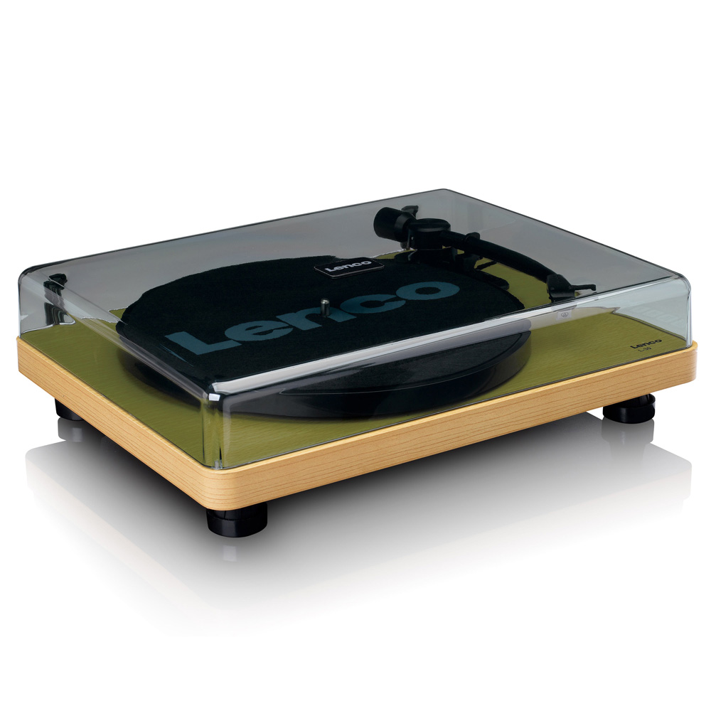 Lenco Turntable With Mmc Cartridge - Wood Lenco turntable with wooden base, clear dust cover, black platter and tonearm with blue lenco label.