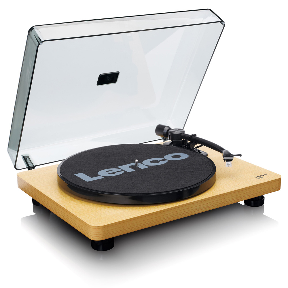 Lenco Turntable With Mmc Cartridge - Wood Lenco turntable with wooden plinth, clear hinged lid, black platter, tonearm, and stylus.
