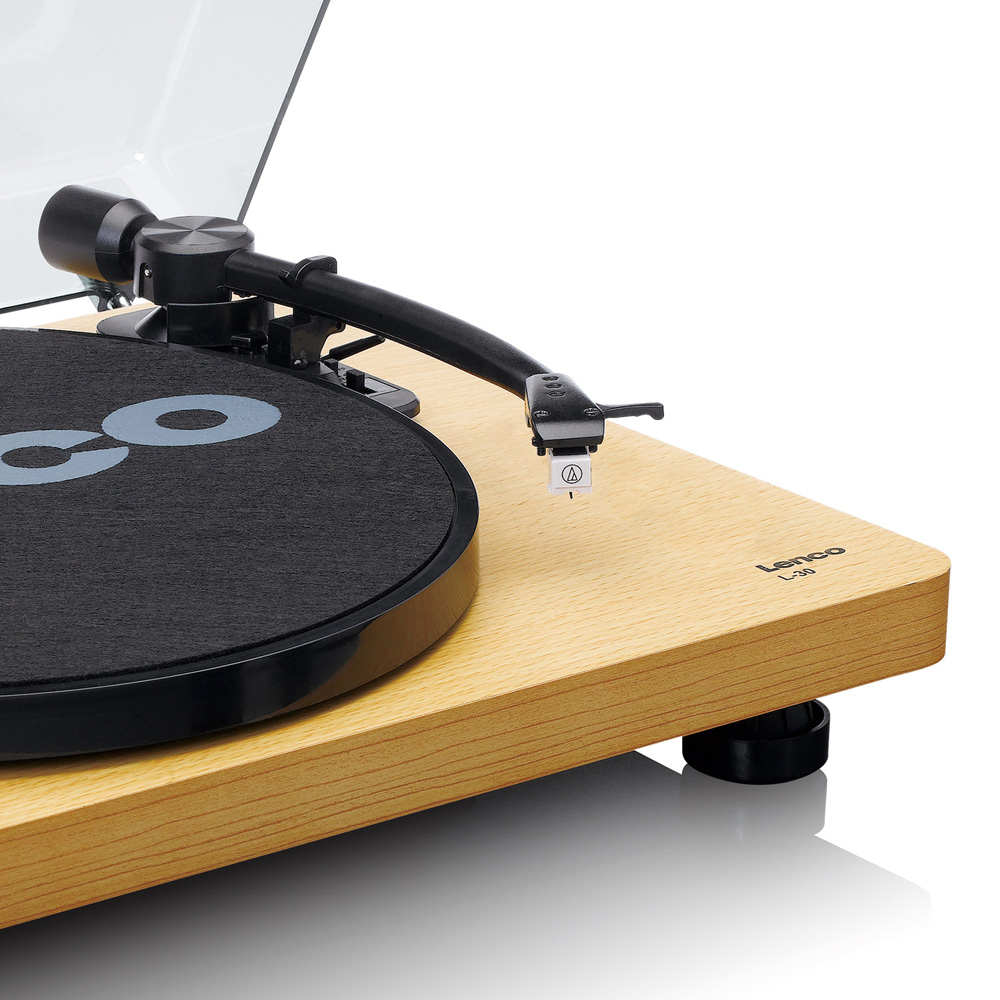 Lenco Turntable With Mmc Cartridge - Wood Lenco l-50 turntable with wooden plinth, black tonearm, and clear dust cover.