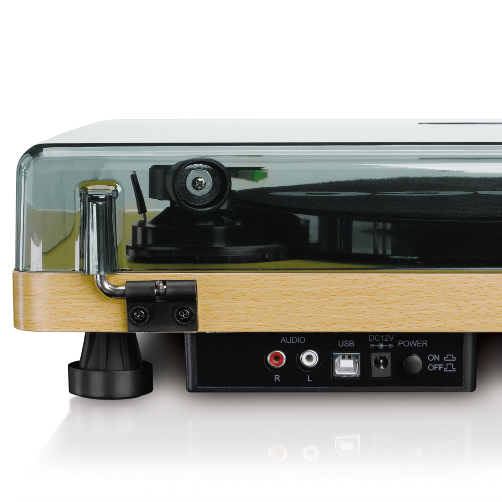 Lenco Turntable With Mmc Cartridge - Wood Turntable with wooden base and clear lid, exposed tonearm, featuring usb and rca audio ports on the rear.