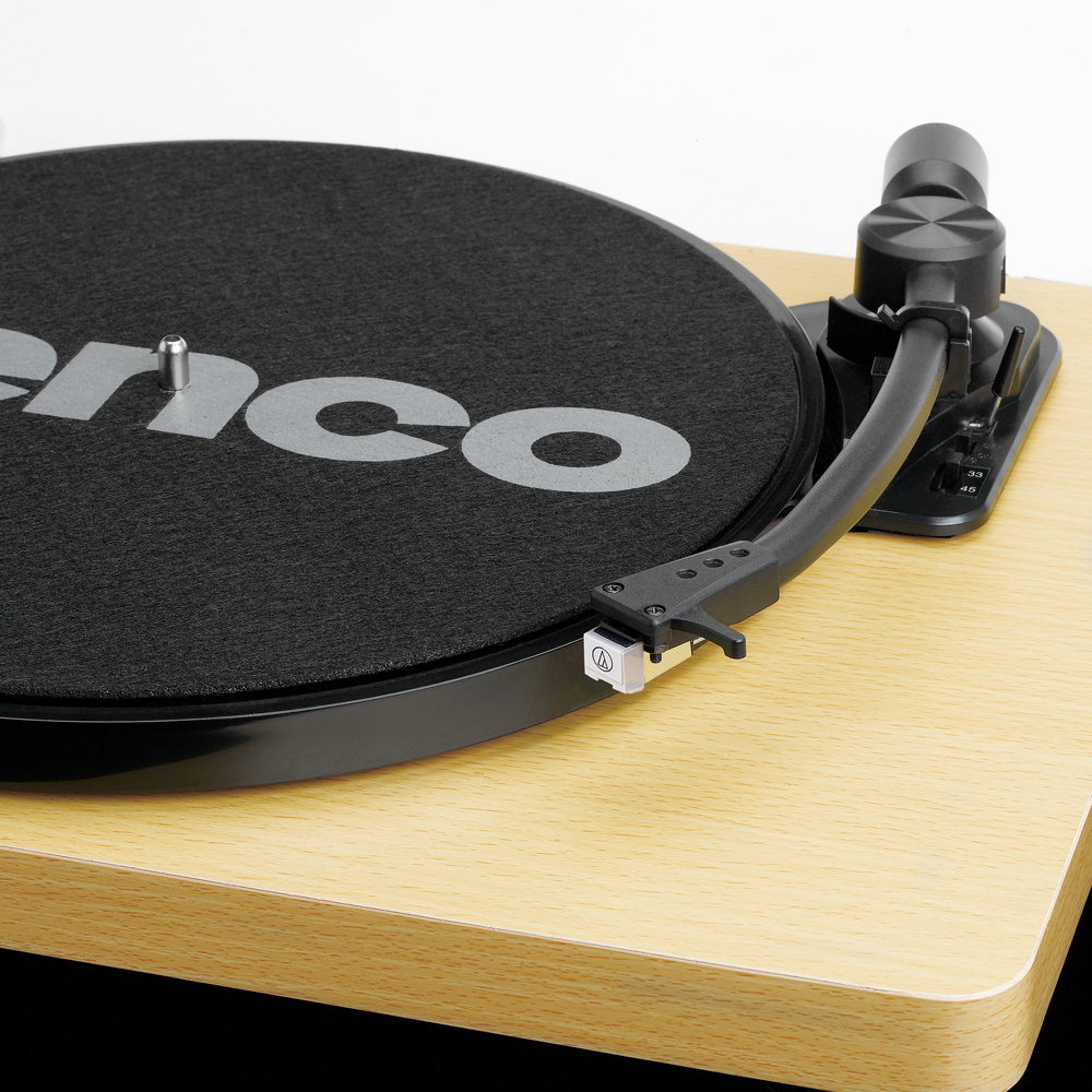 Lenco Turntable With Mmc Cartridge - Wood Belt-drive turntable with black slipmat, tonearm, and white cartridge on a light wood plinth.