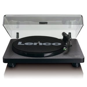 Lenco L-30 turntable with clear hinged dust cover, black plinth, and tonearm with cartridge.