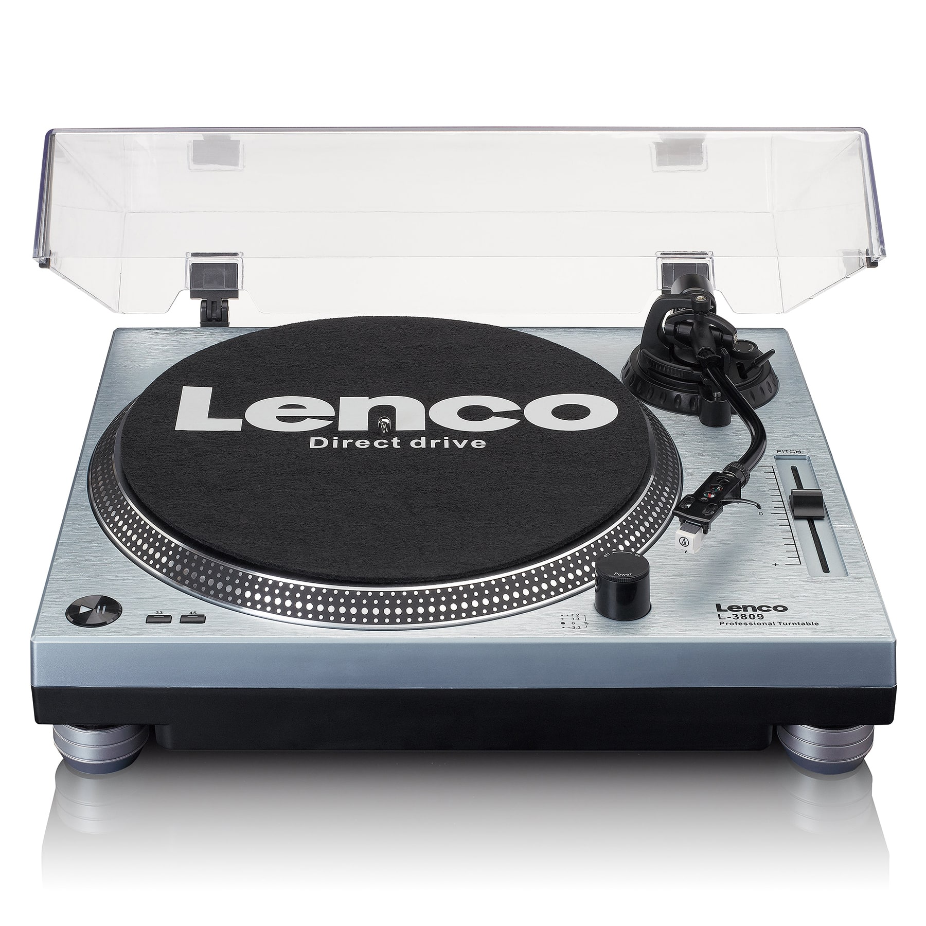Lenco L-3809 professional direct-drive turntable with clear hinged lid, silver chassis, and adjustable tonearm.