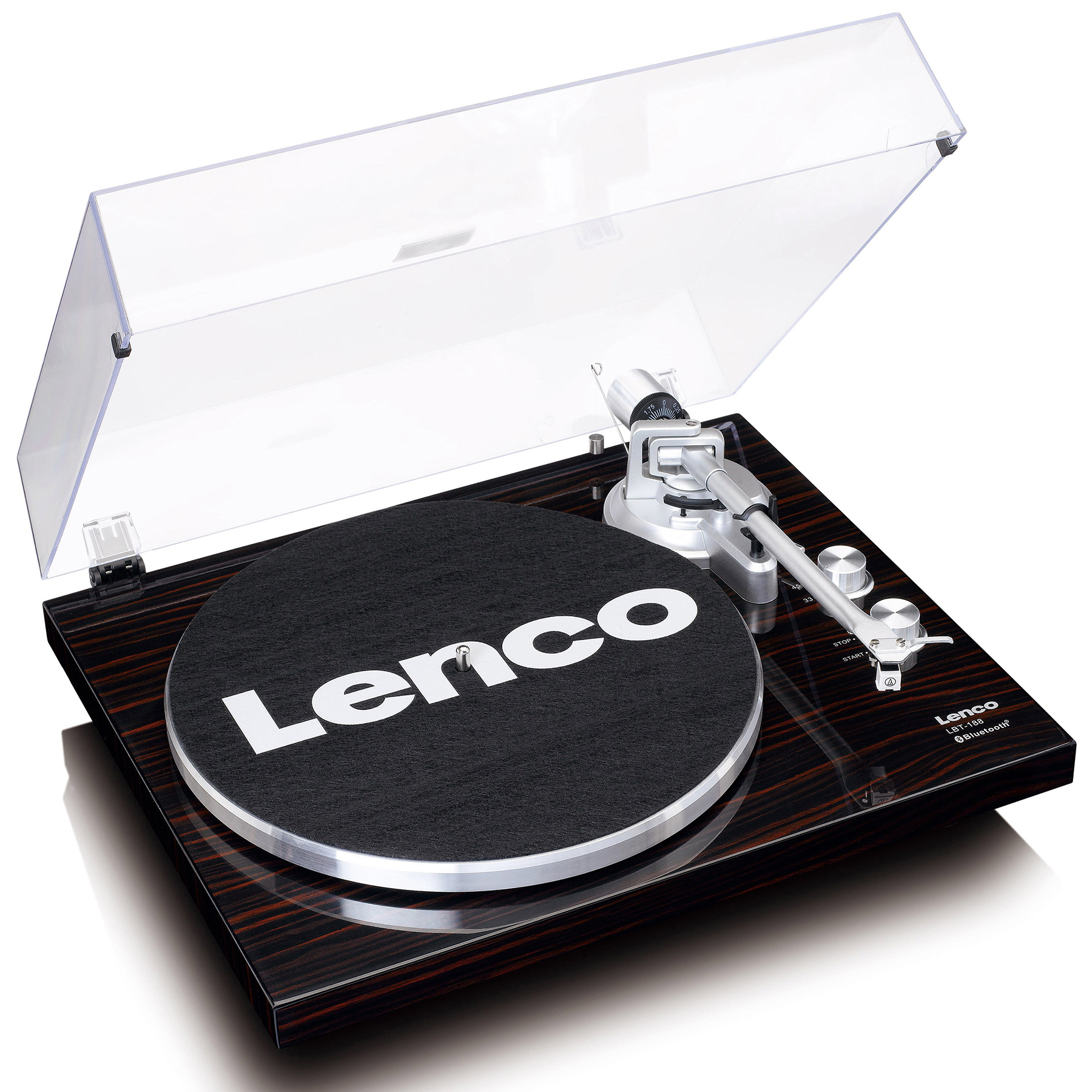 Lenco LBT-188 Bluetooth turntable with clear hinged lid, dark wood base, tonearm, and black vinyl record