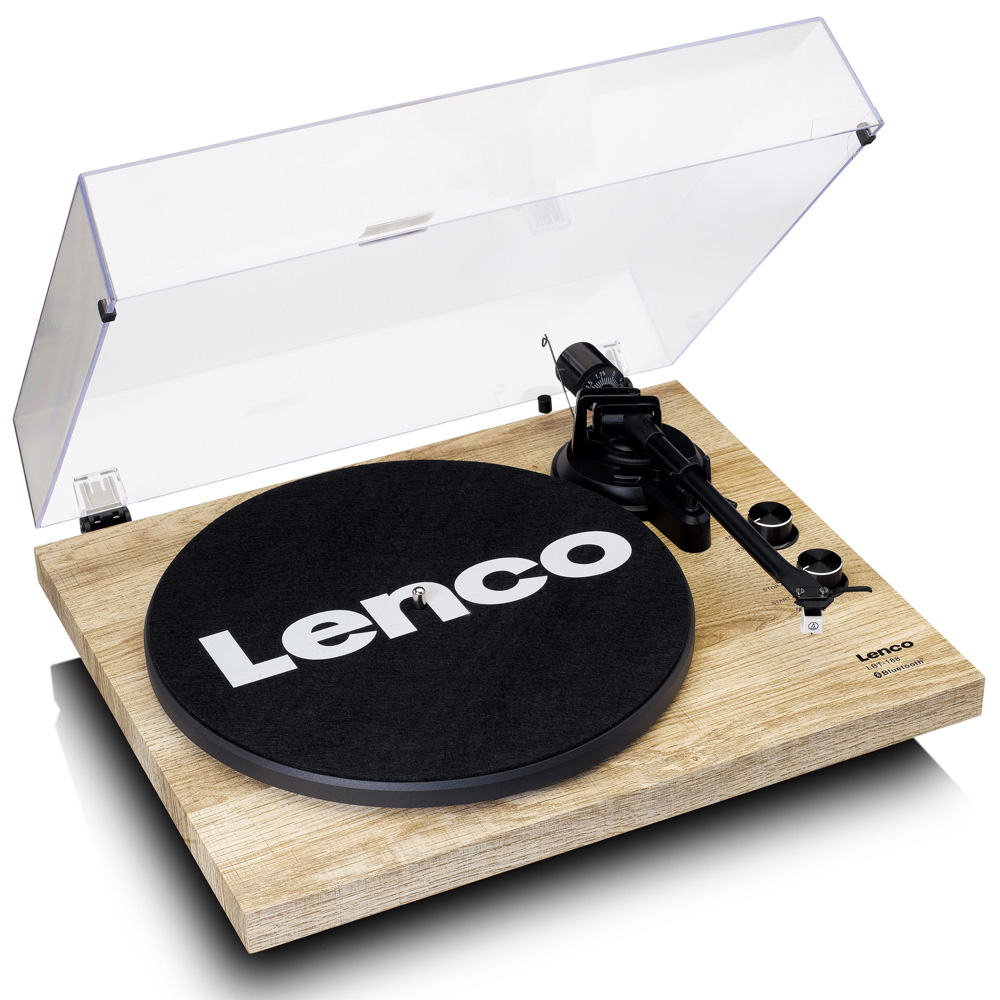 Lenco turntable with wooden plinth, black felt platter, and clear hinged dust cover.