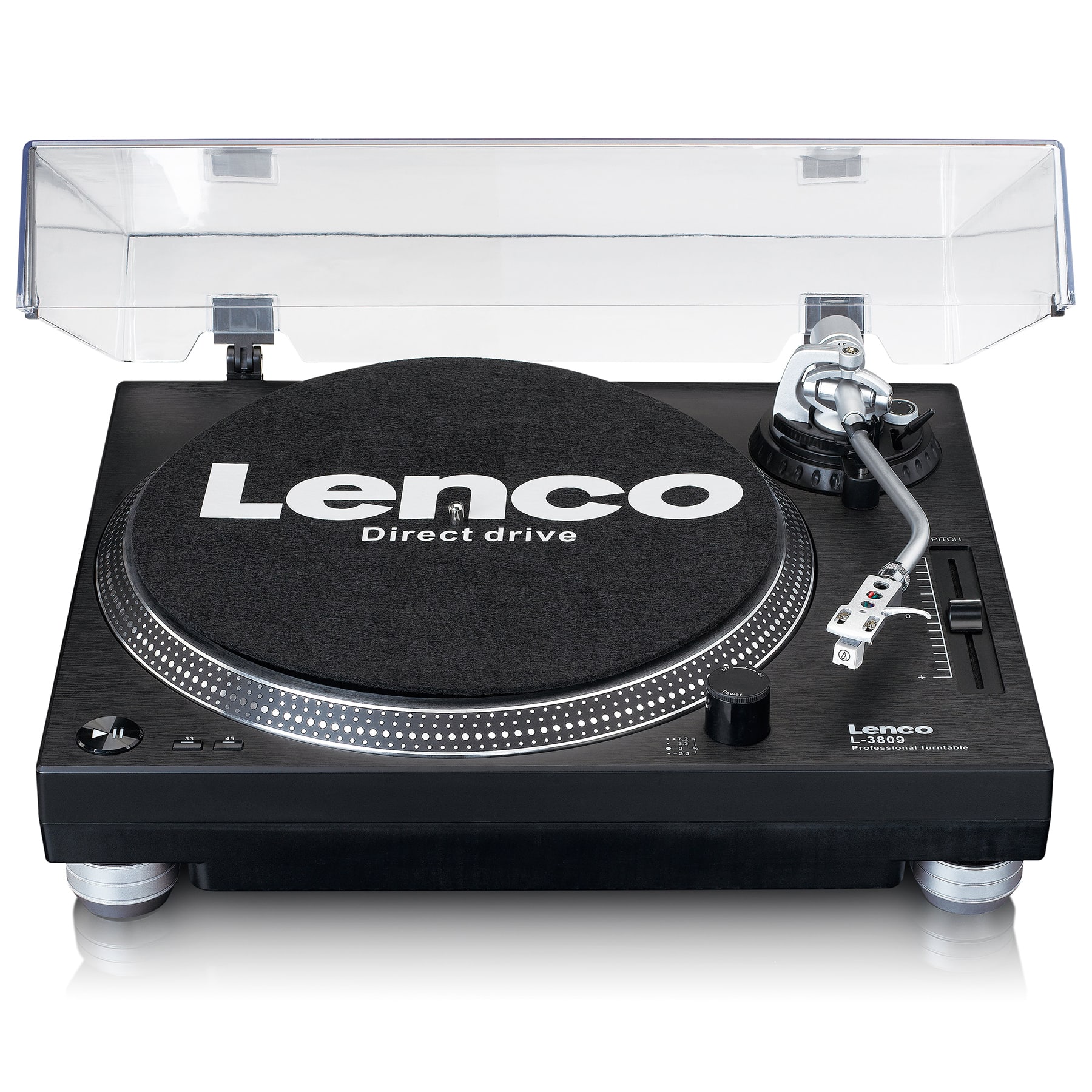 Lenco L-3809 direct-drive professional turntable with clear dust cover and tonearm.