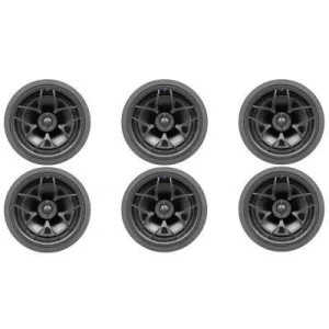 Six black round car speakers arranged in two rows, each with a central logo and gray rims.