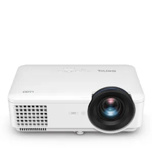 BenQ projector with a large front lens, white body, and side vent grille.