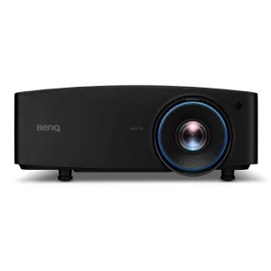 BenQ projector with black body, blue-ringed lens, WUXGA label, and adjustable feet.
