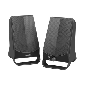 Majority desktop speakers with perforated metal grills, two black units, and a visible control knob.