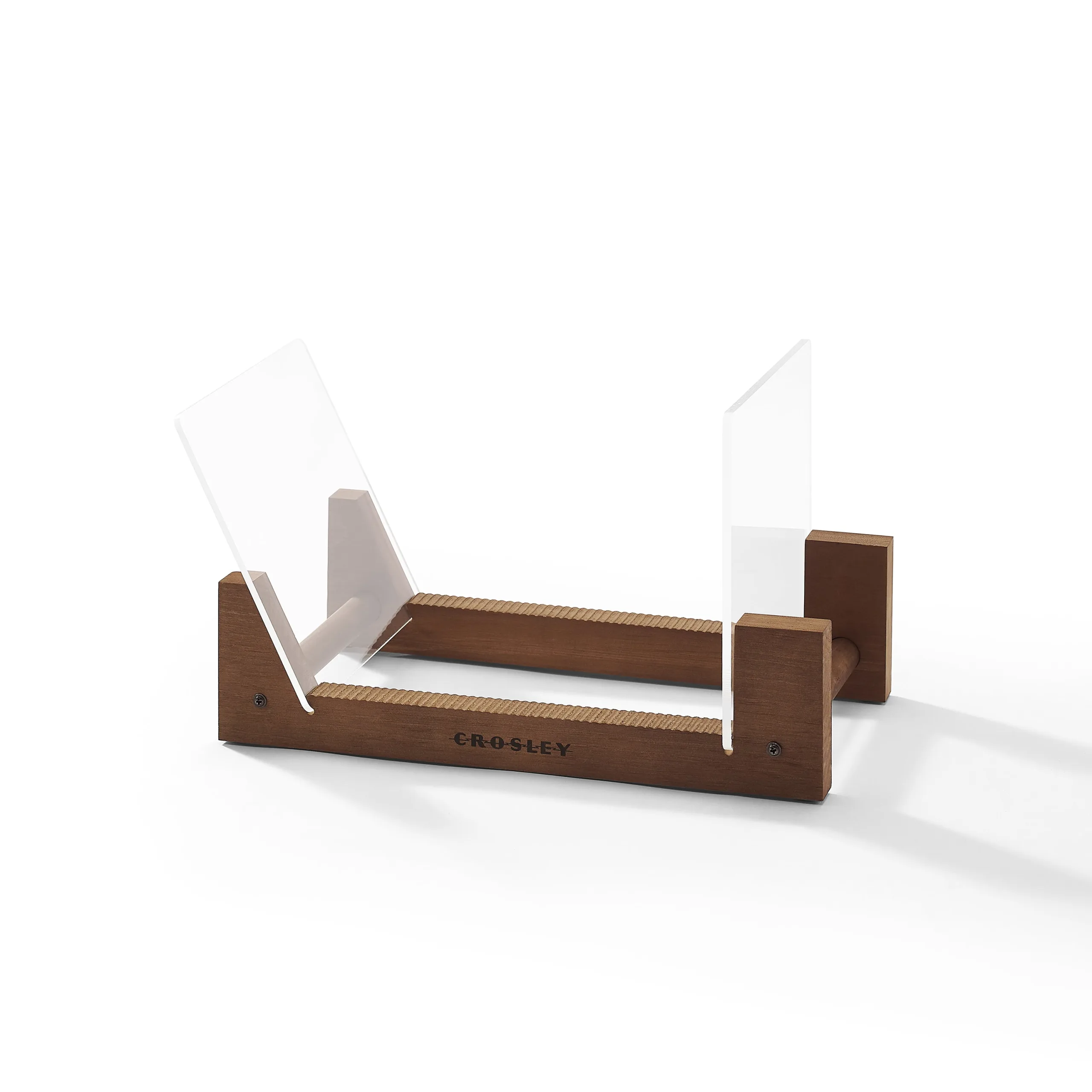Crosley Record Storage Display Stand Crosley wooden turntable with a clear acrylic lid and dark wood base.