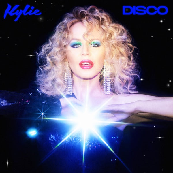 Crosley Record Storage Crate &Amp; Kylie Disco - Black Vinyl Album Bundle Disco album cover featuring a glamorous blonde woman with curly hair, bold makeup, and a bright starburst light at center