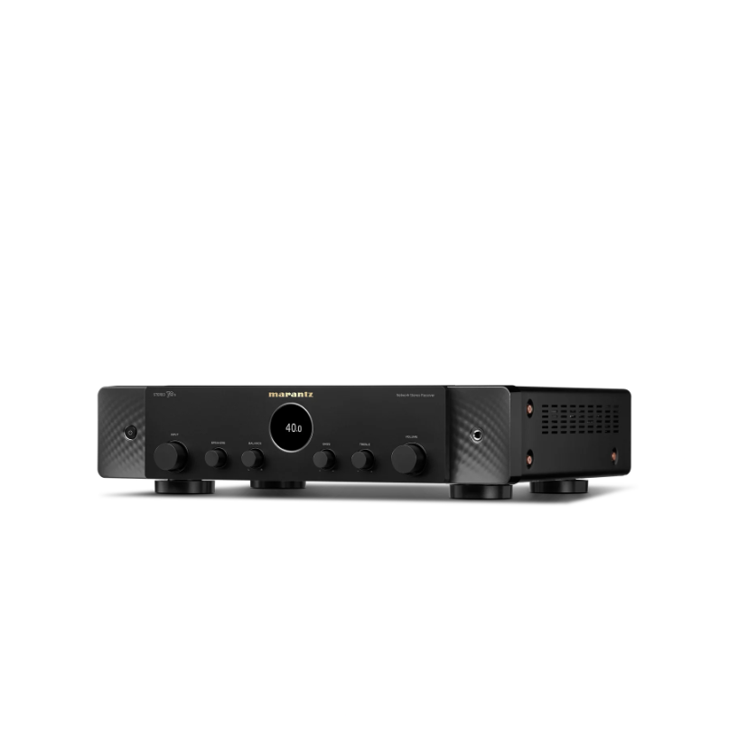 Marantz Stereo 70S Slimline Stereo Receiver Marantz model 40n stereo integrated amplifier with black front panel, circular display, multiple knobs, carbon fiber side panels