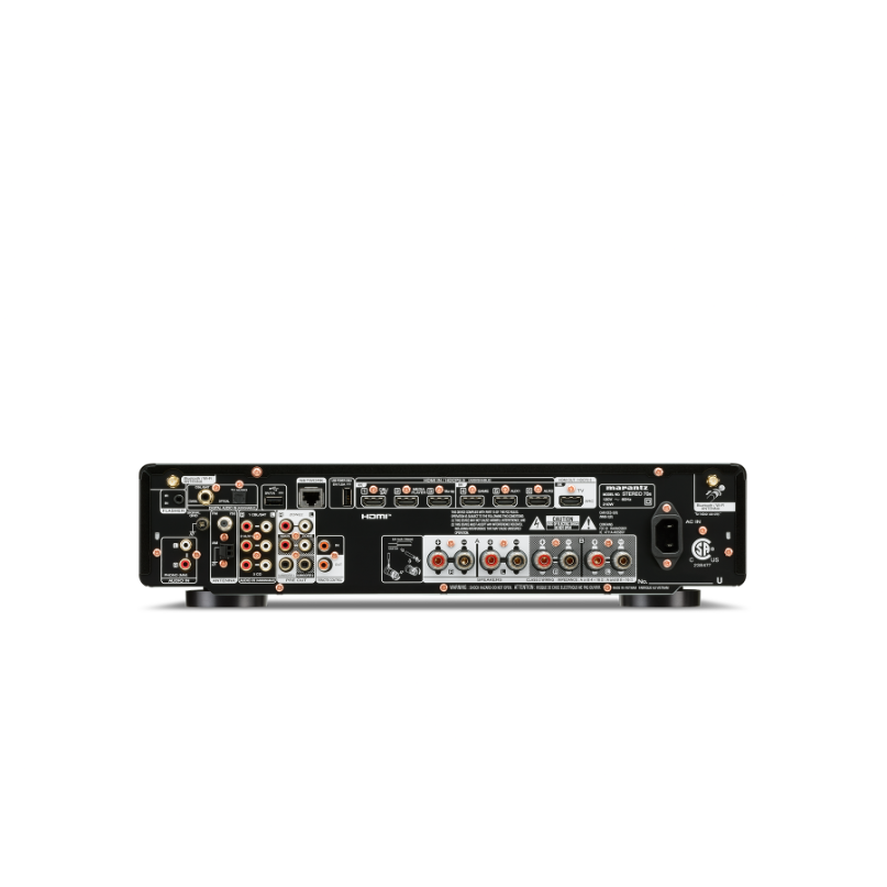 Marantz Stereo 70S Slimline Stereo Receiver Marantz av receiver rear panel with hdmi inputs, component video outputs, analog rca connectors, and speaker binding posts.