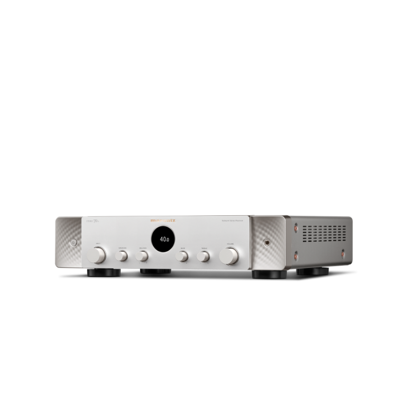Marantz Stereo 70S Slimline Stereo Receiver An integrated stereo amplifier with silver face, central circular display reading 40. 0, multiple knobs, textured side panels.
