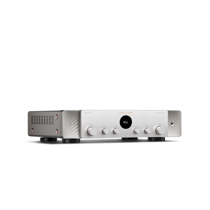 Marantz Stereo 70S Slimline Stereo Receiver Magnat stereo integrated amplifier with silver faceplate, round central display, and multiple control knobs.