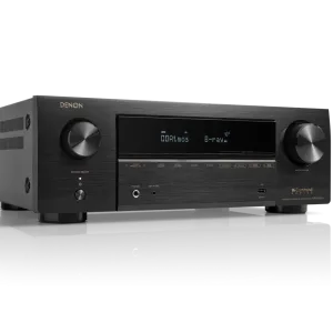 Denon INCommand AV receiver with brushed metal front, large left and right knobs, and central display.