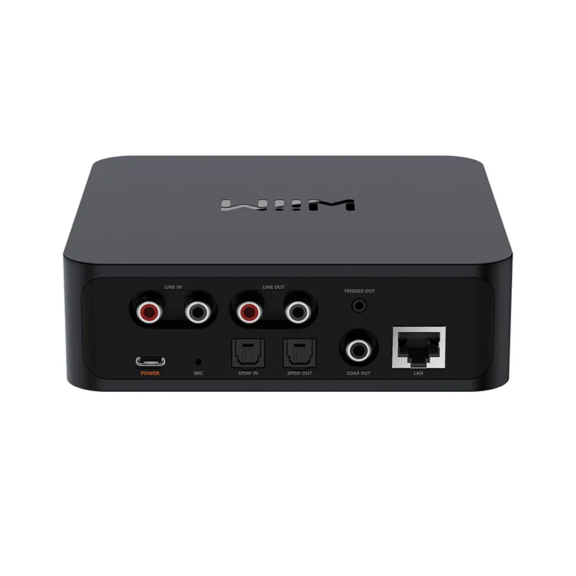 Wiim Pro Plus Wireless Audio Streamer Airplay 2 &Amp; Chromecast Compact black network audio streamer with line in, line out, spdif in/out, coax out, mic, usb power, and lan port.