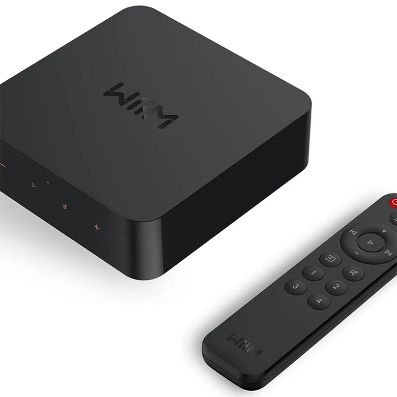 Wiim Pro Plus Wireless Audio Streamer Airplay 2 &Amp; Chromecast Wiim streaming media player, black compact box with rounded edges, front led indicators, and matching remote.