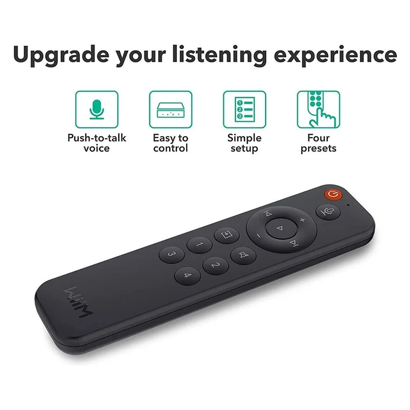 Wiim Pro Plus Wireless Audio Streamer Airplay 2 &Amp; Chromecast Black wireless remote control with circular navigation pad, numeric buttons, and a red power button.