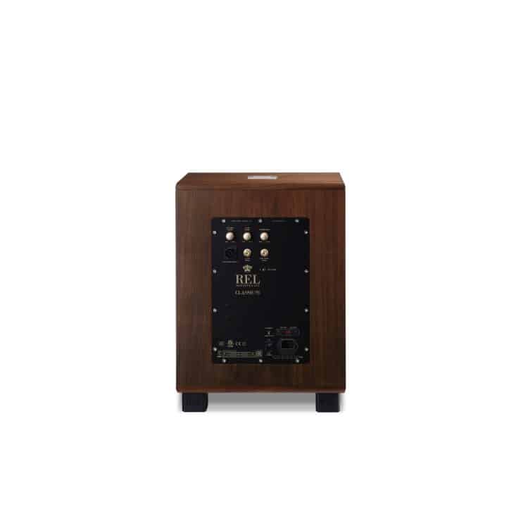 Rel Classic 98 Subwoofer Walnut A small rel classic 98 walnut subwoofer with a black knob on it.