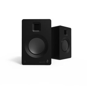 Pair of black bookshelf speakers with large circular front woofers and square vent on the upper front panel.