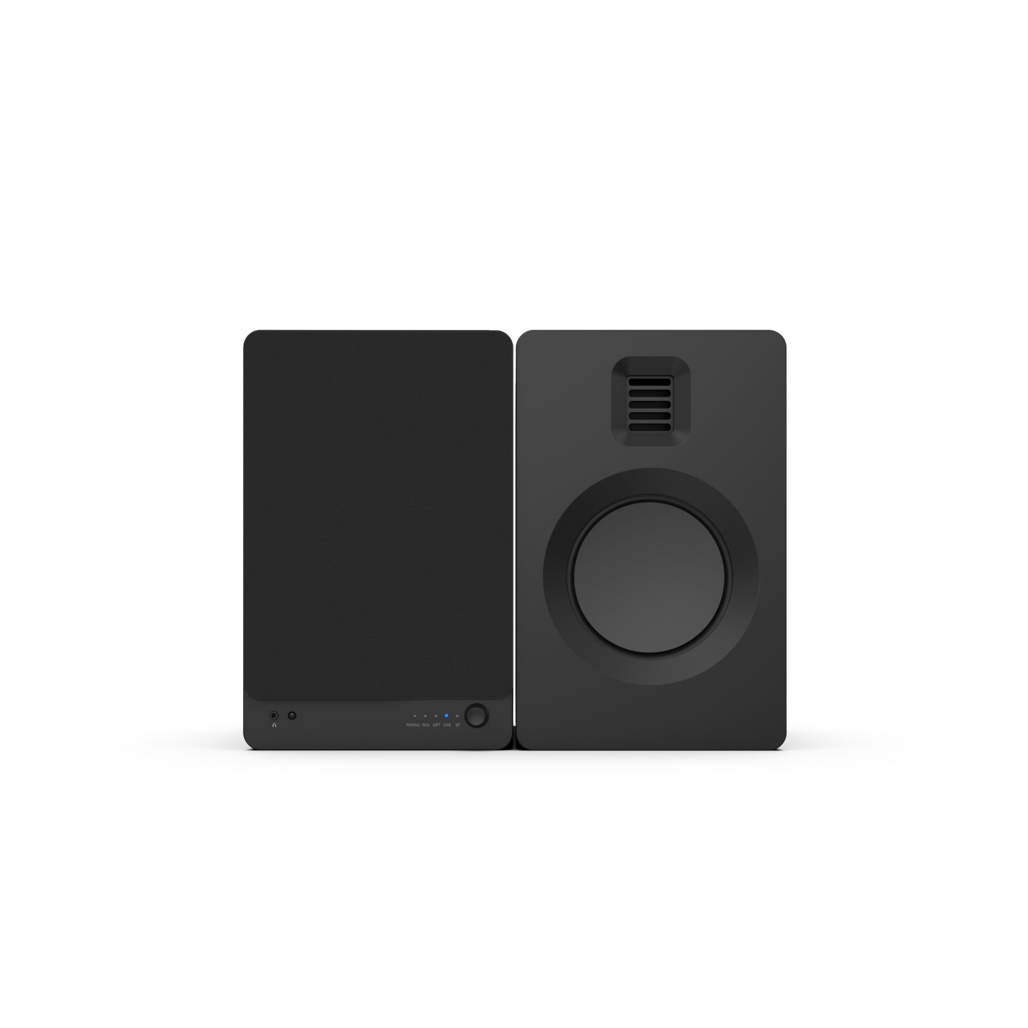 Kanto Tuk 260W Powered Bookshelf Speakers With Headphone Out, Usb Input, Dedicated Phono Pre-Amp, Bluetooth - Pair, Matte Black Pair of black floor-standing speakers; left speaker has a fabric grille, right speaker reveals a large woofer.