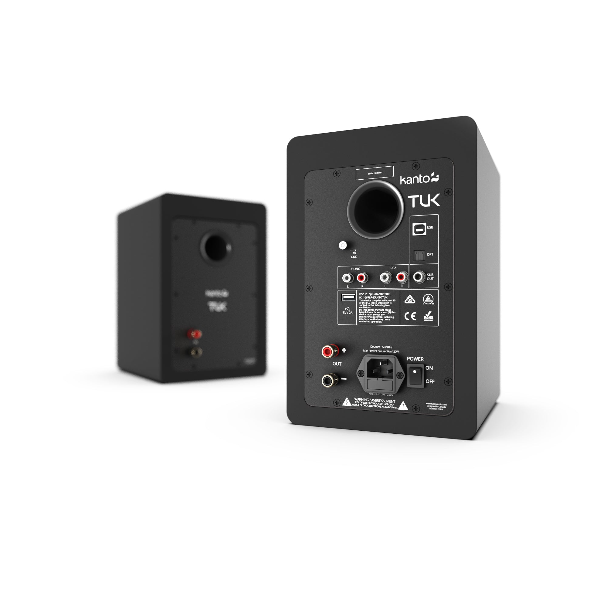 Kanto Tuk 260W Powered Bookshelf Speakers With Headphone Out, Usb Input, Dedicated Phono Pre-Amp, Bluetooth - Pair, Matte Black Kanto tuk speaker with rear panel showing rca inputs, usb port, serial label, and power switch