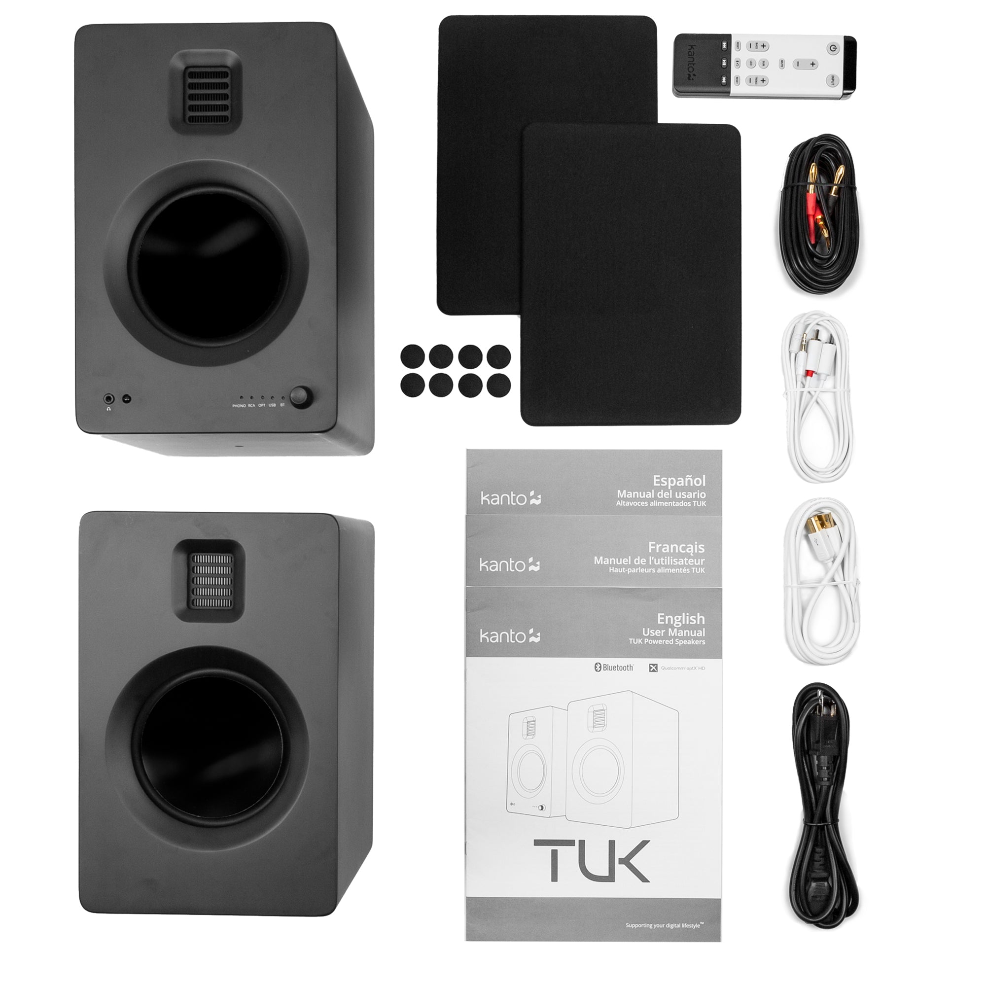 Kanto Tuk 260W Powered Bookshelf Speakers With Headphone Out, Usb Input, Dedicated Phono Pre-Amp, Bluetooth - Pair, Matte Black Kanto tuk powered speaker system contents: two speaker enclosures, isolation pads, remote, cables, and manuals.
