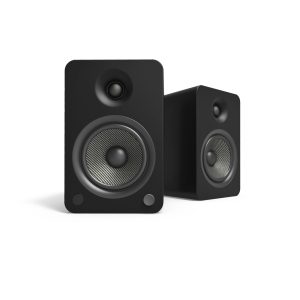 Pair of black bookshelf speakers with carbon-fiber-textured woofer and small dome tweeters.