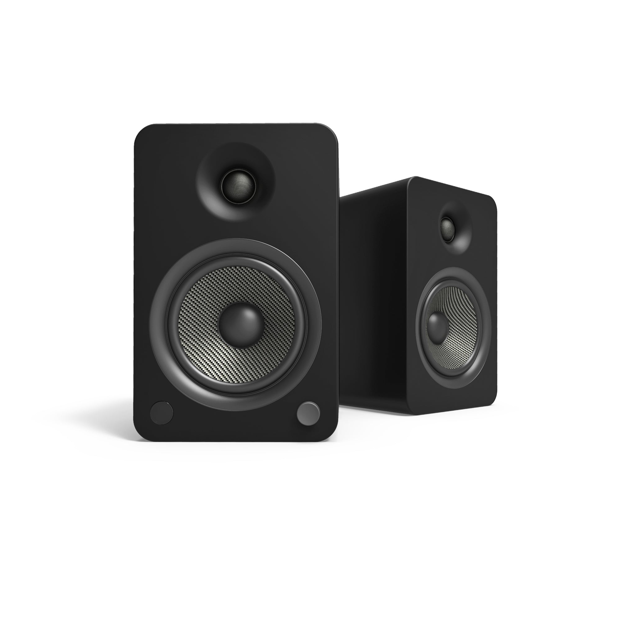 Kanto Yu6 200W Powered Bookshelf Speakers With Bluetooth® And Phono Preamp - Pair, Matte Black Pair of black bookshelf speakers with carbon-fiber-textured woofer and small dome tweeters.